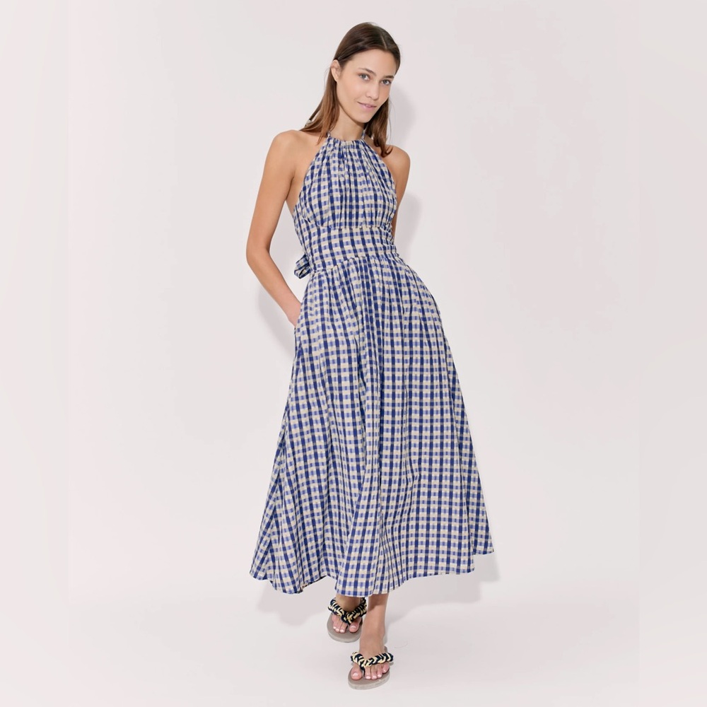 Rosie Assoulin Halter In The Name of Love Backless Midi Dress,Gingham Seersucker